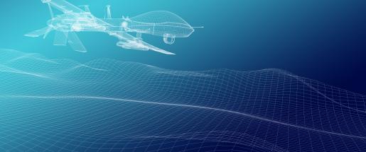 Military drone flying over terrain mesh 
