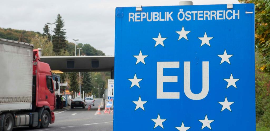 A truck approaches an EU border inspection post. 